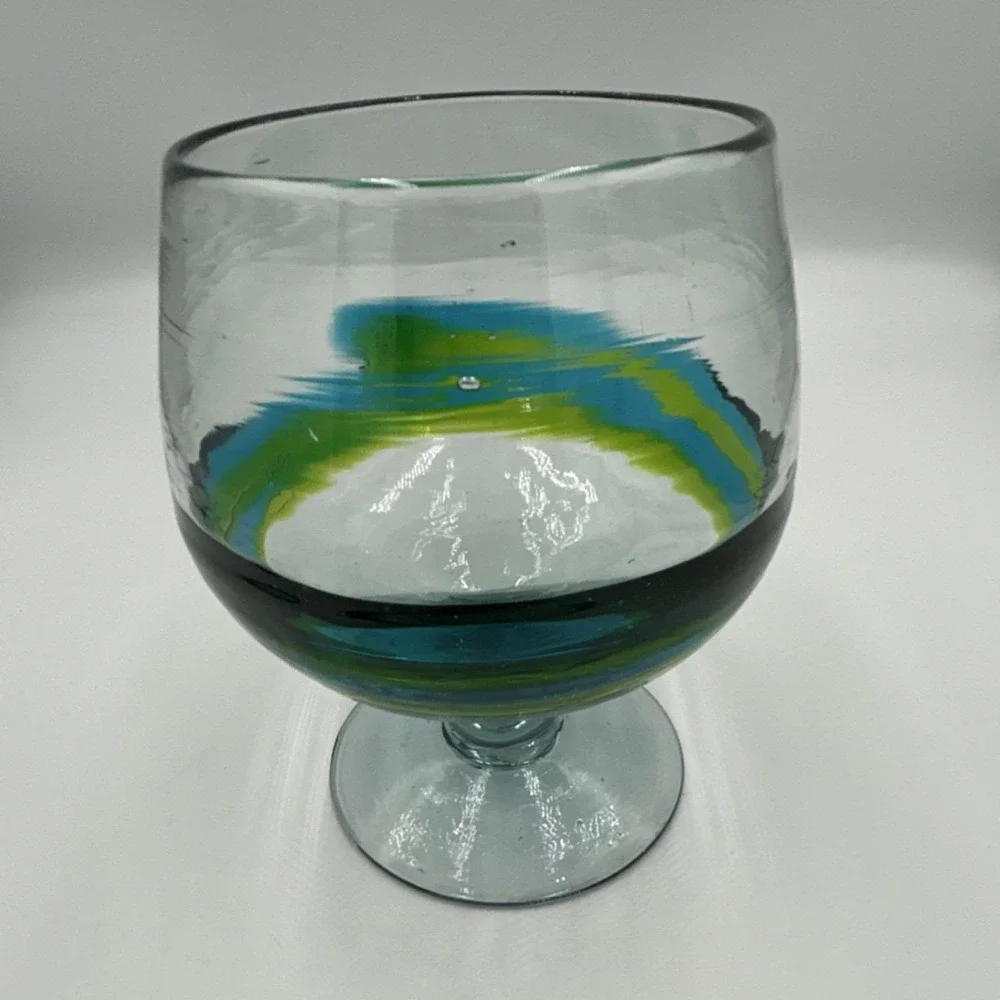 Mid Century Hand Blown Art Brandy type Glass  Blue and Green Decorative Swirl